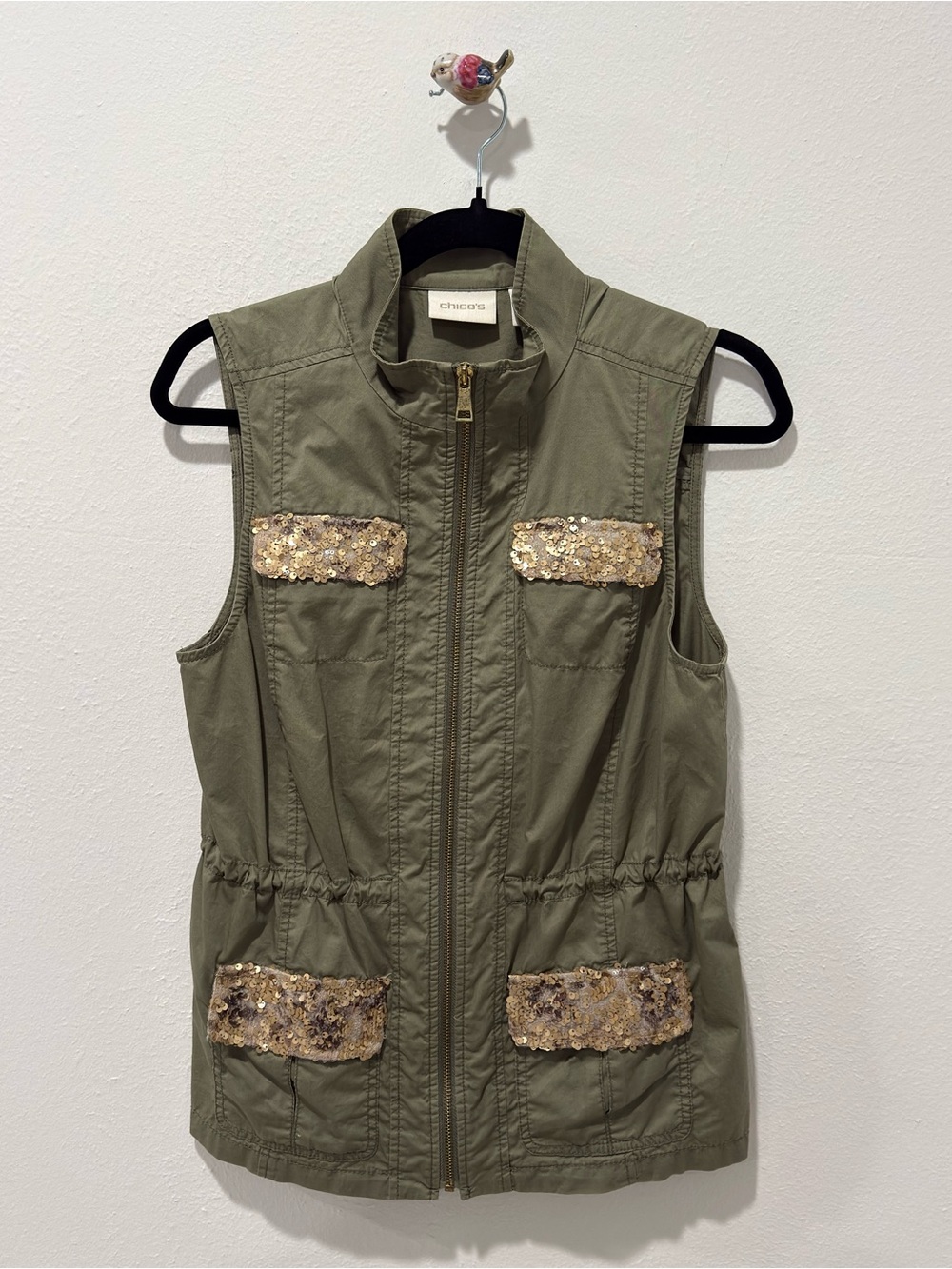Chico's Olive Sequin-Pocket Utility Vest